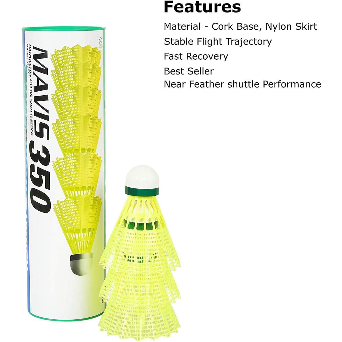 Yonex Mavis 350 features - cork base and nylon skirt